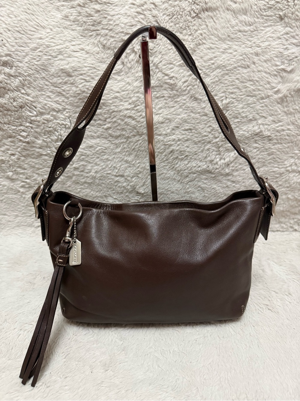 Vintage Coach Legacy East West Dark Brown Leather Shoulder Bag with Tassel Charm